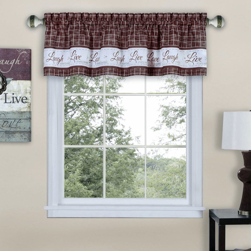 ACHIM Soft Valance Window Curtains - 58 Inch Width, 14 Inch Length - Live, Love Laugh (Burgundy) - Wrinkle-Free Light Filtering Polyester Drapes for Bedroom Living & Dining Room Home Decor - Image 1